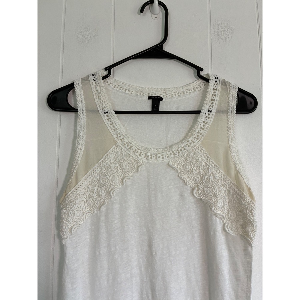 J.Crew White 100% Linen Crochet Lace Trim Tank Top Sleeveless Blouse A7282 Small - Picture 2 of 6
